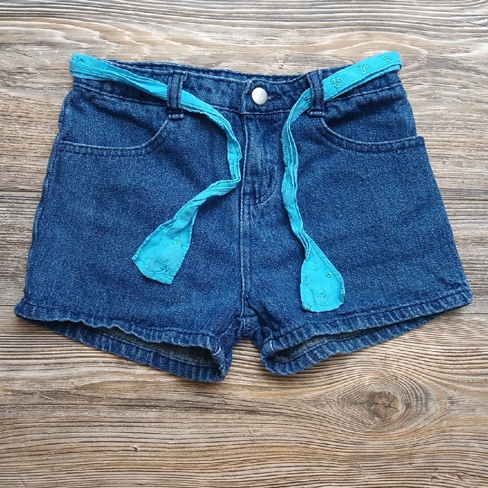 Girls Dark Wash Denim Jean Shorts Floral Sky Blue Fabric Belt